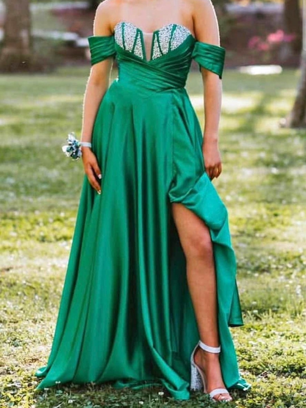 Off-Shoulder Emerald Green Satin Evening Gown